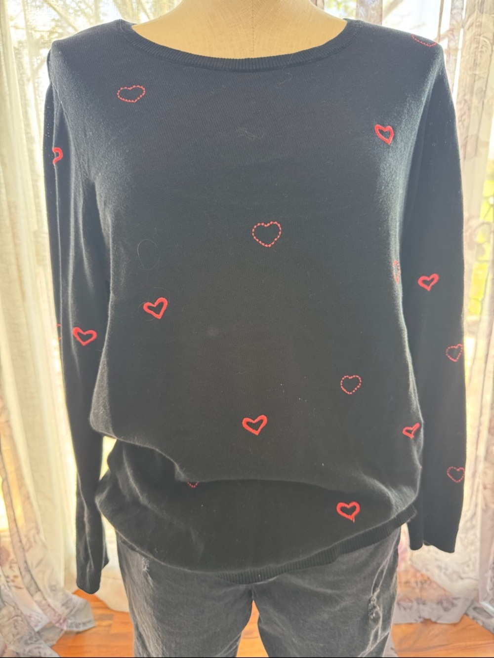 Christopher & Banks Black Sweater with Red Heart Embroidery